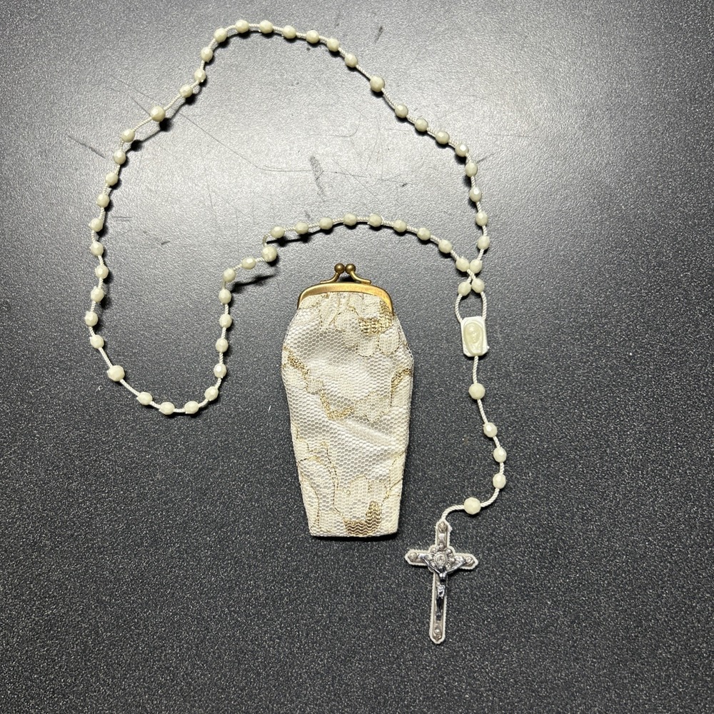 Vintage Catholic Rosary Beads With Case Plastic Beads Fabric Cord